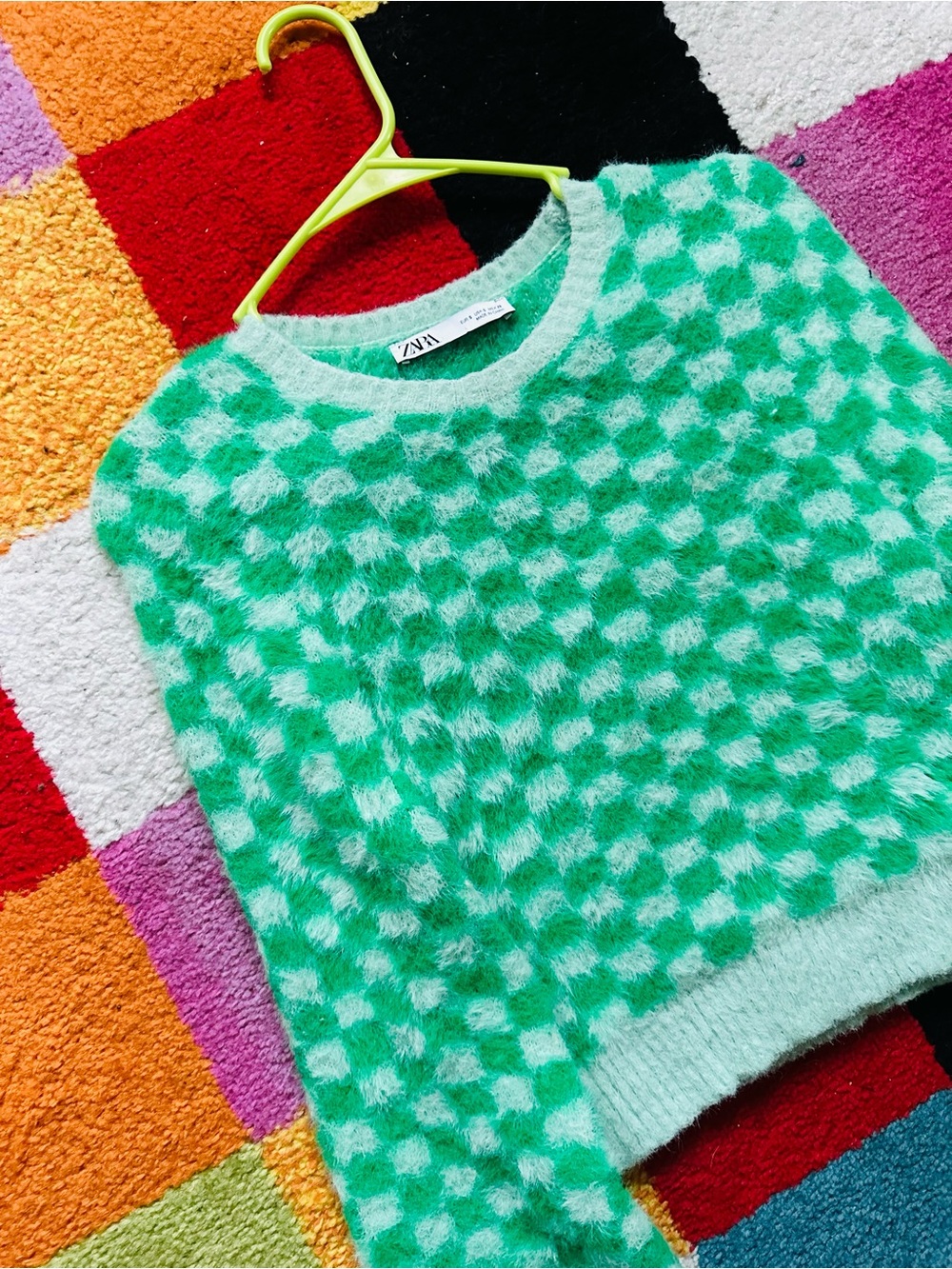 Zara Mint and White Fuzzy Patterned Crewneck Sweater